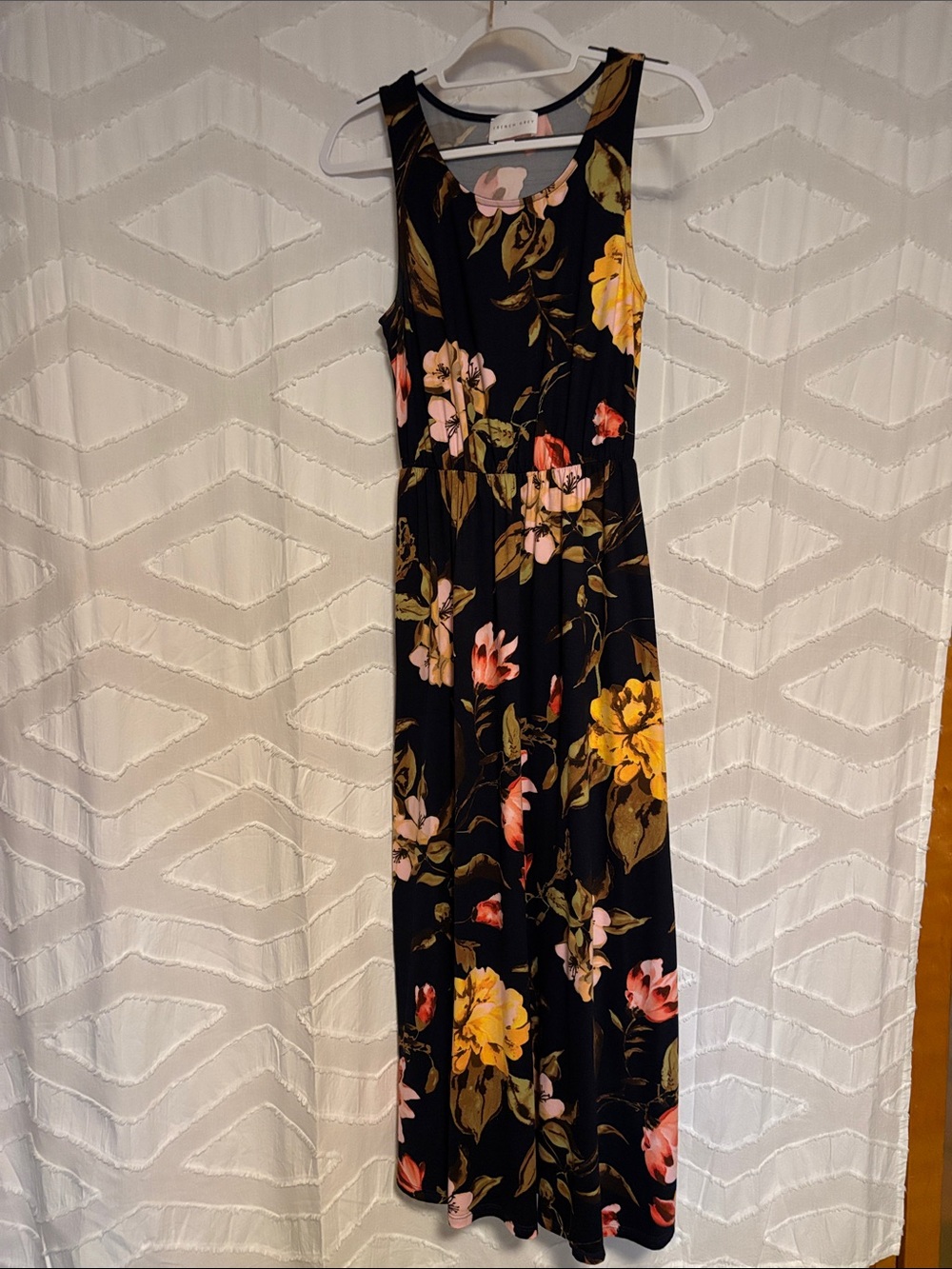 French Grey Navy Maxi Dress with Yellow & Pink Blooms